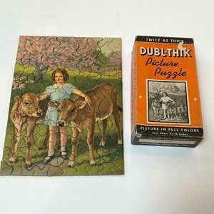 Vintage DUBL-THIK picture puzzle “Her Pets” complete full color size 11”x 8”